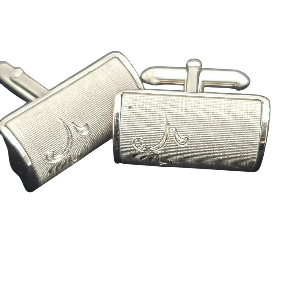 Swank Cufflinks & Tie Tacks Brushed Silver Tone Etched Domed Vintage Lapel Pins